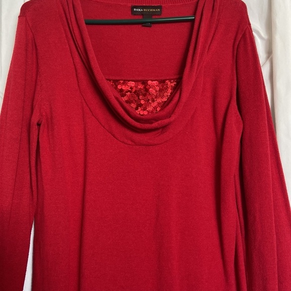 VGUC DANA BACHMAN Sz-M Vintage Red Christmas Top /w Draped & Sequined Neckline🎄 - Picture 6 of 16